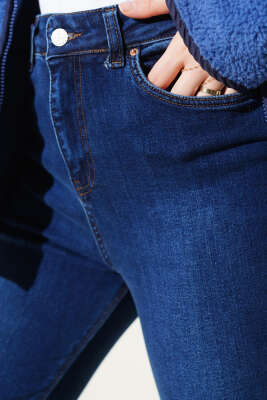 Yüksek Bel İspanyol Paça Pantolon Koyu Mavi - Thumbnail