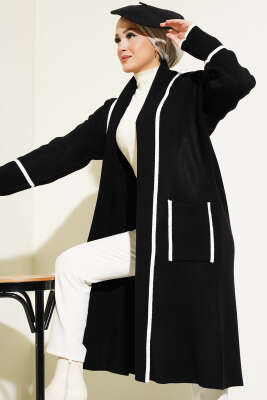 Pazarium - Şal Yaka Cepli Triko Hırka Siyah