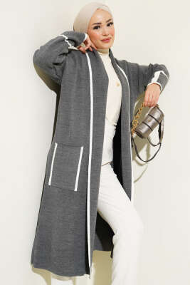 Pazarium - Şal Yaka Cepli Triko Hırka Füme