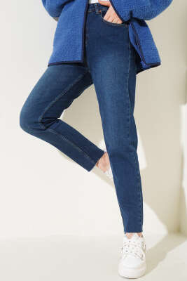 Kesik Paça Mom Jean Pantolon Koyu Tint - Thumbnail