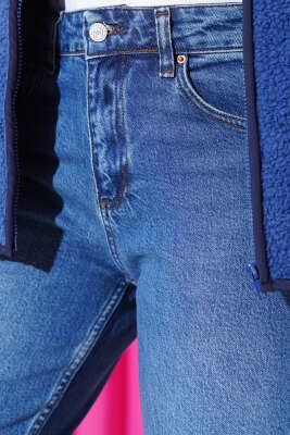 Dar Paça Mom Jeans Kot Pantolon Mavi - Thumbnail