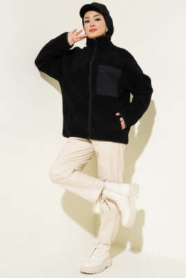 Göğüs Cepli Peluş Hırka Siyah - Thumbnail