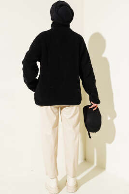 Göğüs Cepli Peluş Hırka Siyah - Thumbnail