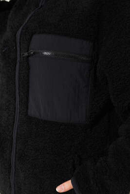 Göğüs Cepli Peluş Hırka Siyah - Thumbnail