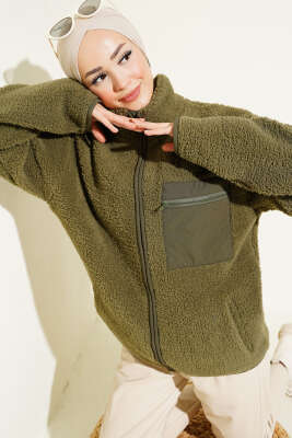 Göğüs Cepli Peluş Hırka Haki - Thumbnail