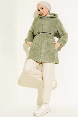 Bel Tünelli Lastikli Peluş Hırka Çağla Yeşili - Thumbnail