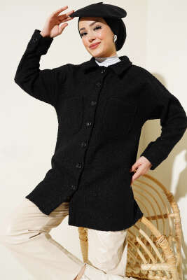 Pazarium - Çift Cepli Düğmeli Buklet Gömlek Siyah