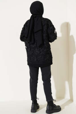 Tül Çiçekli Triko Tunik Siyah - Thumbnail