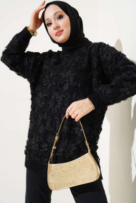 Tül Çiçekli Triko Tunik Siyah - Thumbnail