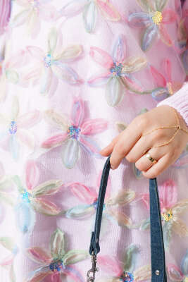 Tül Çiçekli Triko Tunik Pembe - Thumbnail