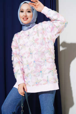 Tül Çiçekli Triko Tunik Pembe - Thumbnail