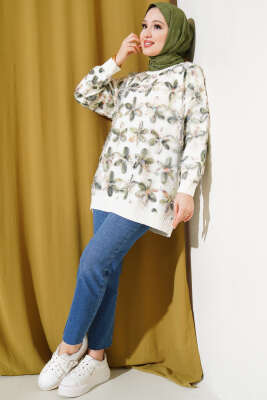 Tül Çiçekli Triko Tunik Haki - Thumbnail