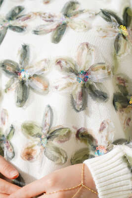 Tül Çiçekli Triko Tunik Haki - Thumbnail