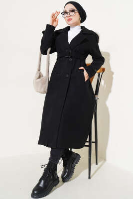 Omuz Apoletli Düğmeli Uzun Kaşe Kaban Siyah - Thumbnail