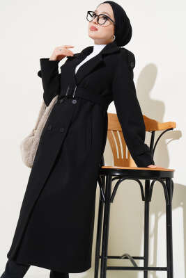 Omuz Apoletli Düğmeli Uzun Kaşe Kaban Siyah - Thumbnail