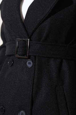 Omuz Apoletli Düğmeli Uzun Kaşe Kaban Siyah - Thumbnail