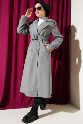 Omuz Apoletli Düğmeli Uzun Kaşe Kaban Gri - Thumbnail