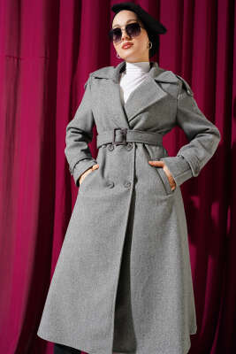 Omuz Apoletli Düğmeli Uzun Kaşe Kaban Gri - Thumbnail