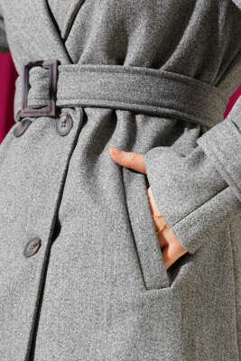 Omuz Apoletli Düğmeli Uzun Kaşe Kaban Gri - Thumbnail