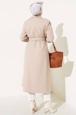 Omuz Apoletli Düğmeli Uzun Kaşe Kaban Bej - Thumbnail