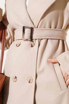 Omuz Apoletli Düğmeli Uzun Kaşe Kaban Bej - Thumbnail