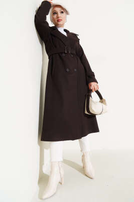 Omuz Apoletli Düğmeli Uzun Kaşe Kaban Acı Kahve - Thumbnail