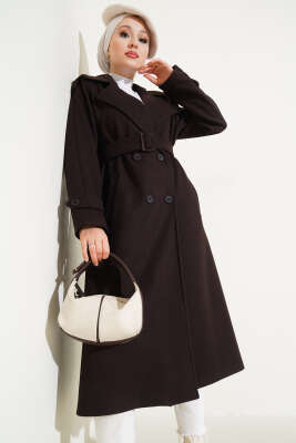 Omuz Apoletli Düğmeli Uzun Kaşe Kaban Acı Kahve - Thumbnail