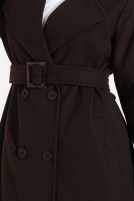 Omuz Apoletli Düğmeli Uzun Kaşe Kaban Acı Kahve - Thumbnail