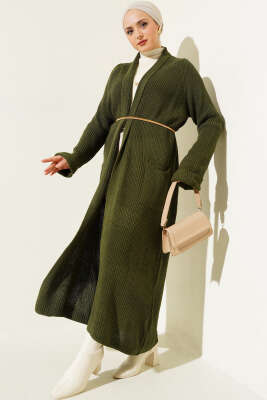 Şal Yakalı Haki Triko Hırka - Thumbnail