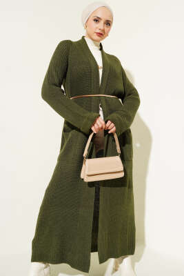 Şal Yakalı Haki Triko Hırka - Thumbnail