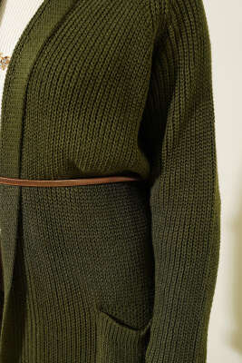 Şal Yakalı Haki Triko Hırka - Thumbnail