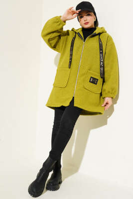 Kapüşonlu Fermuarlı Buklet Kaban Yağ Yeşili - Thumbnail