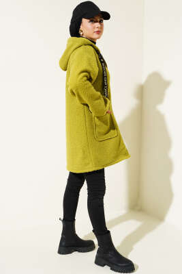 Kapüşonlu Fermuarlı Buklet Kaban Yağ Yeşili - Thumbnail