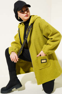 Kapüşonlu Fermuarlı Buklet Kaban Yağ Yeşili - Thumbnail