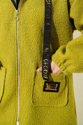 Kapüşonlu Fermuarlı Buklet Kaban Yağ Yeşili - Thumbnail