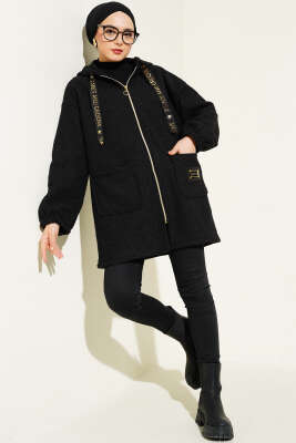 Kapüşonlu Fermuarlı Buklet Kaban Siyah - Thumbnail