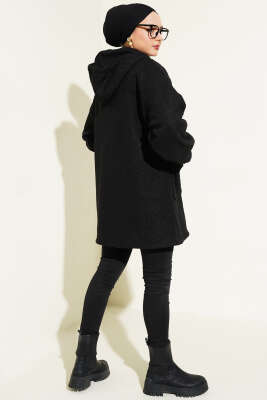 Kapüşonlu Fermuarlı Buklet Kaban Siyah - Thumbnail