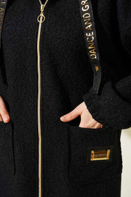 Kapüşonlu Fermuarlı Buklet Kaban Siyah - Thumbnail