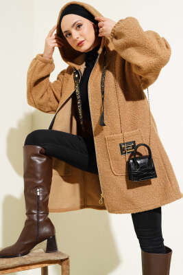 Kapüşonlu Fermuarlı Buklet Kaban Camel - Thumbnail