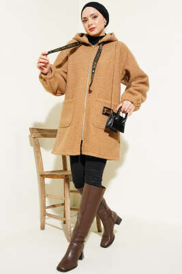 Kapüşonlu Fermuarlı Buklet Kaban Camel - Thumbnail