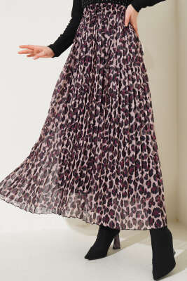 Şifon Pileli Leopar Desen Etek Latte - Thumbnail