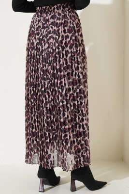 Şifon Pileli Leopar Desen Etek Latte - Thumbnail