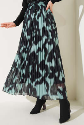 Şifon Pileli Desenli Etek Çağla Yeşili - Thumbnail