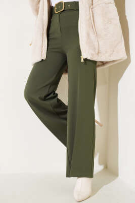 Pazarium - Kemerli Yüksek Bel Bol Paça Haki Pantolon