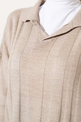 Gömlek Yaka Basic Triko Elbise Vizon - Thumbnail