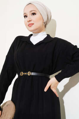 Gömlek Yaka Basic Triko Elbise Siyah - Thumbnail