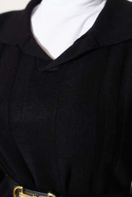 Gömlek Yaka Basic Triko Elbise Siyah - Thumbnail