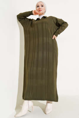 Gömlek Yaka Basic Triko Elbise Haki - Thumbnail