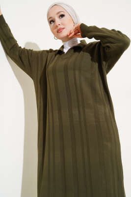 Gömlek Yaka Basic Triko Elbise Haki - Thumbnail