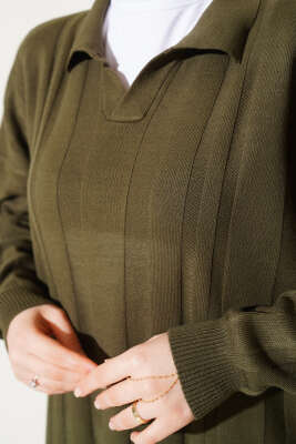 Gömlek Yaka Basic Triko Elbise Haki - Thumbnail